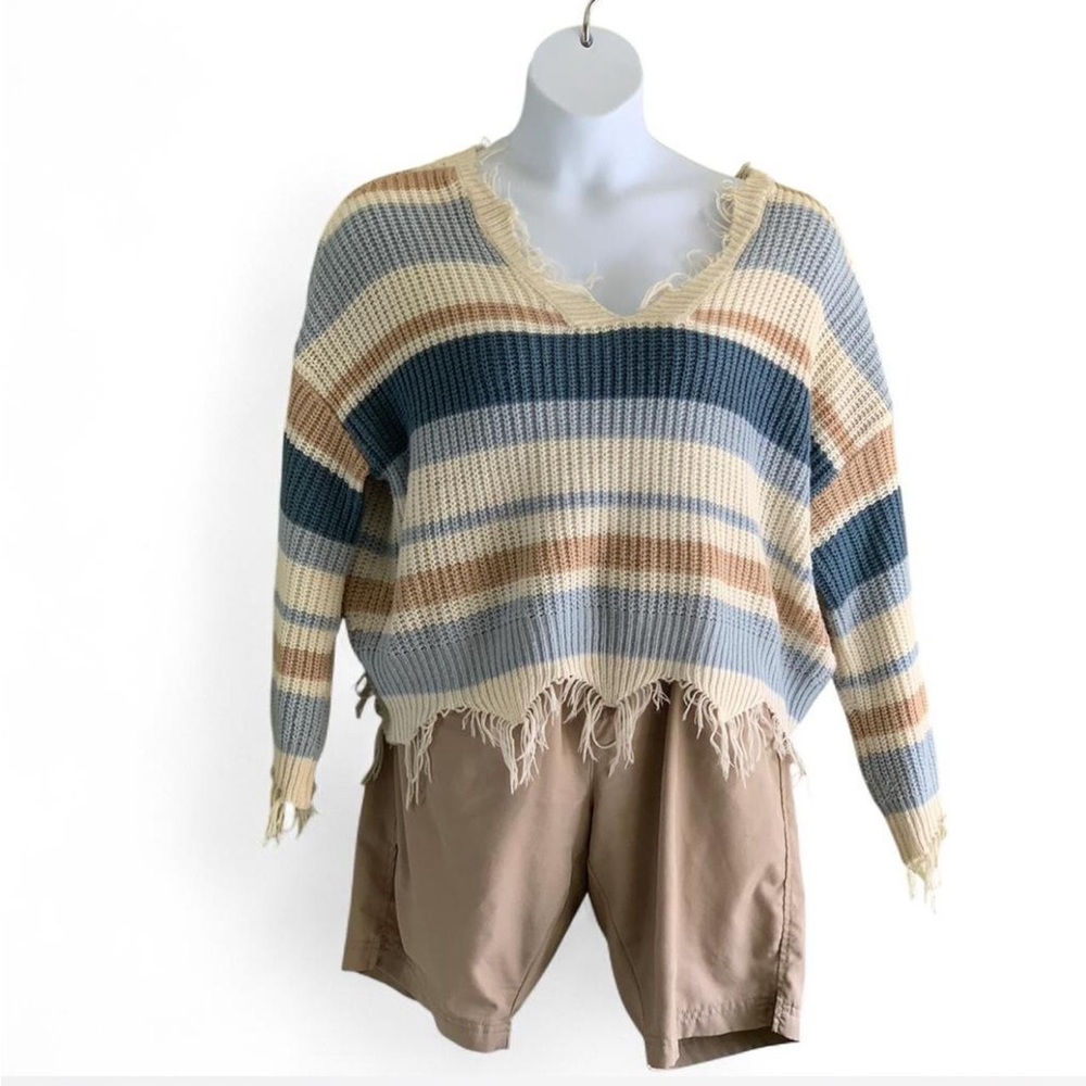 Fringe Boho Granola Polly & Esther Striped Distressed Sweater size L